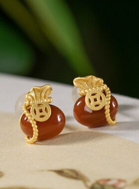 S925纯银镀金和田玉青玉白玉碧玉复古个性福袋钱袋耳钉耳饰