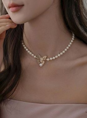 蝴蝶6mm施家仿珍珠项链设计感气质法式颈链2024新款施家珍珠时尚