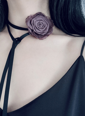 法式超仙紫色玫瑰花朵系带项链绑带choker长款颈链锁骨链防过敏女
