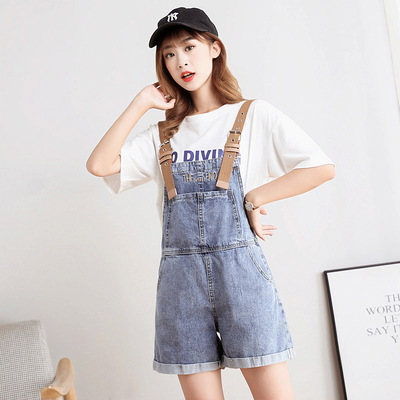 背带牛仔裤短裤女宽松高腰2021年夏季新款薄款小个子吊带套装裤子
