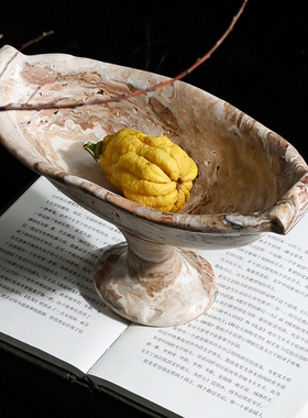 侘寂风中古高脚果盘洞石摆件新中式家居样板房桌面收纳软装饰品