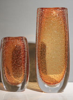 现代纯手工蓝色琉璃花瓶摆件客厅茶几插花气泡花器花插样板房饰品