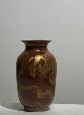 中式深红色陶瓷花器花瓶人工描金陶瓷工艺品桌面玄关茶几软装饰品