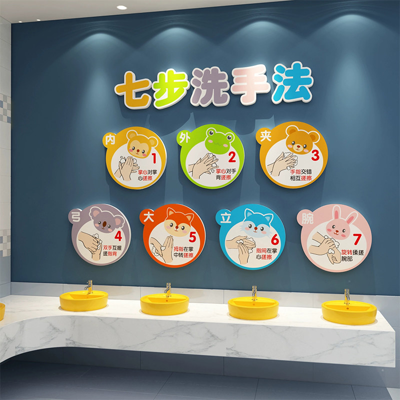 刷牙六步骤卫生间墙面装饰卡通墙贴纸贴画自粘幼儿园主题文化装饰
