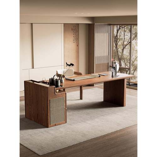 新中式实木茶桌书桌一体两用宋代美学茶台办公室泡茶桌椅组合高端 - 图0