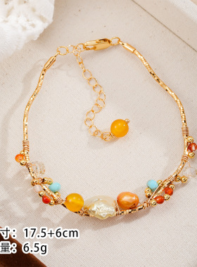 NALA娜啦暖橙色淡水珍珠耳环项链套装秋冬新款项链手链首饰套装