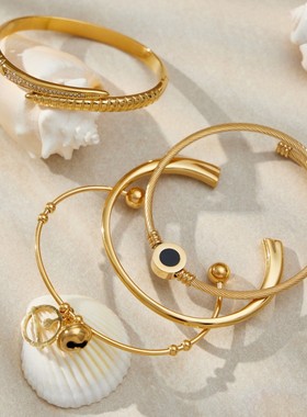 谜丽 环保不锈钢几何开口手镯组合镀18k真金简约时尚镯子跨境热销