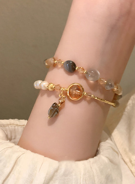 国潮气质珍珠水晶玉石双圈手链小众个性手环时尚感手饰女