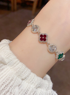 欧美跨境个性时尚夸张彩色锆石四叶花圆环手链精致轻奢百搭手饰品