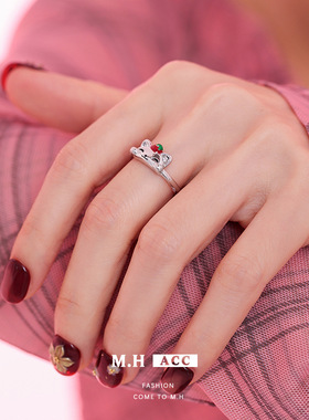 可爱猫咪戒指女时尚精致小众设计感手饰个性百搭开口可调节食指戒