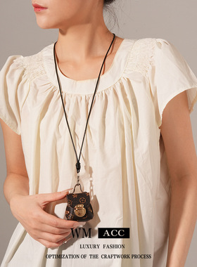 美拉德皮革卡扣包包吊坠项链时尚简约复古毛衣链设计感小众饰品