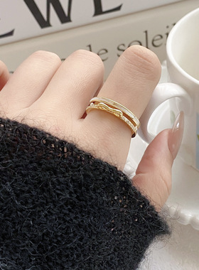 韩版双层蝴蝶结锆石戒指小众设计感贝壳独特指环创意个性开口手饰