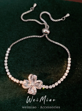 锆石四叶花朵可调节手链新款ins轻奢复古气质手环小众感手饰