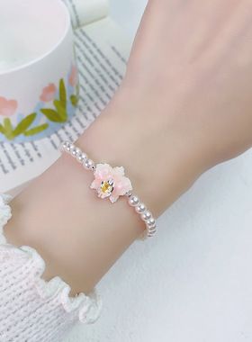 甜美浅粉玻璃串珠手链复古珠光粉白油渐变滴油花朵镶中金黄锆手饰