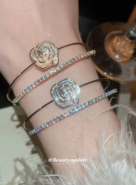 欧美锆石花朵双层开口手镯精致优雅轻奢气质手环设计感小众手饰女