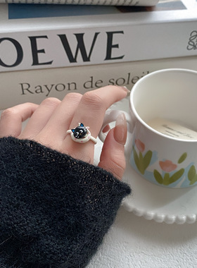 可爱卡通风波点帽兜猫咪可调节开口指环戒指女小众轻奢食指戒