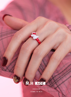 卡通可爱白色滴油小狗红色戒指女学生党甜美风时尚气质个性食指戒