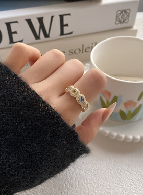 异域宫廷轻奢风几何彩色锆石可调节开口指环戒指女小众食指戒