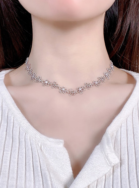复古镂空花朵锆石脖链简约仙美闪钻时尚通勤绝美锁骨链项链耳配饰