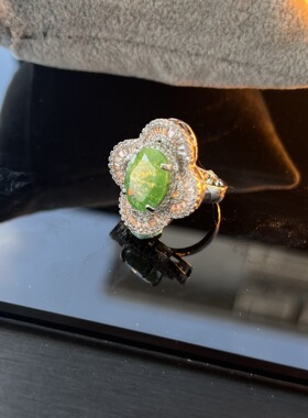 法式镶嵌冰花宝石锆石戒指女白绿紫色微镶彩色锆石花朵气质夸张