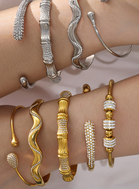 谜丽 跨境新款锆石开口不锈钢手镯组合pvd镀真金ins风简约手饰