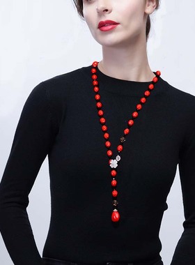 四叶草红色项链毛衣链大气长款
