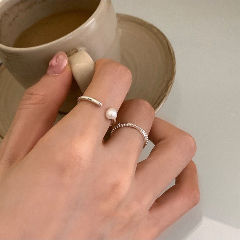 韩国进口极简线条925纯银珍珠戒指女小众设计ins风个性几何高级感 - 图0