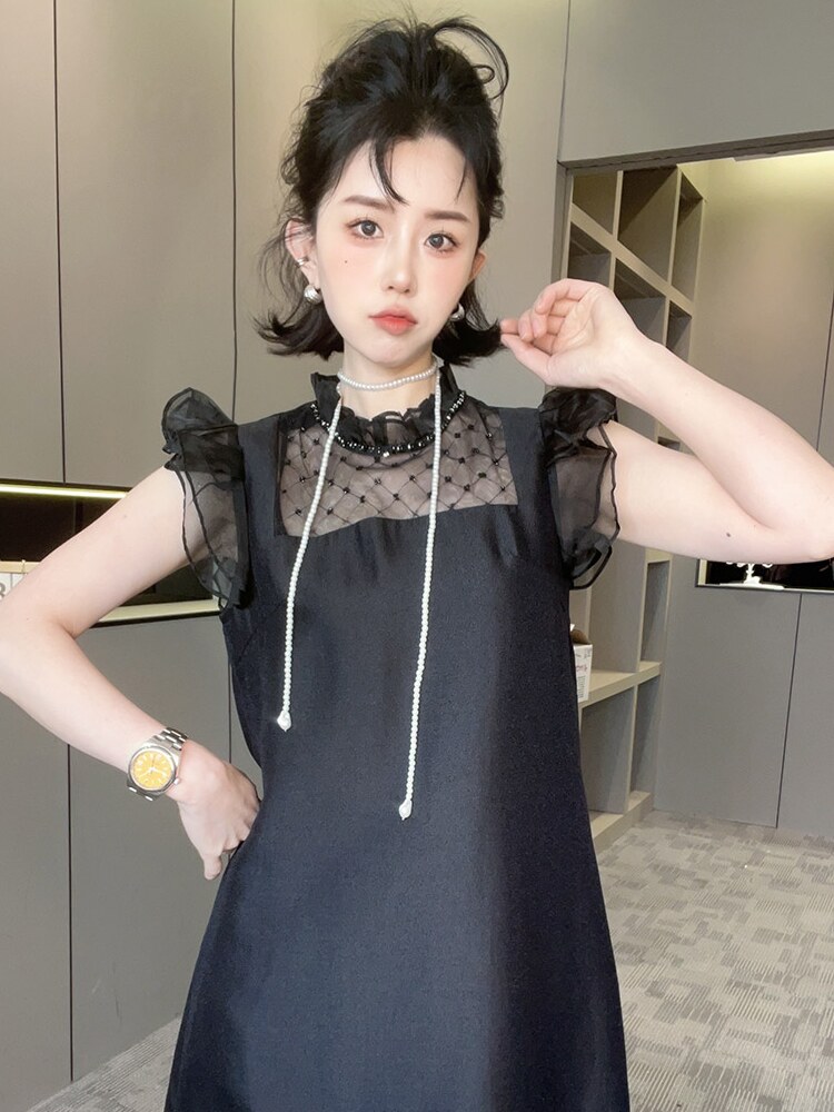 RR fashion 连衣裙女2024夏季新款法式拼接网纱钉珠木耳边裙子 - 图1