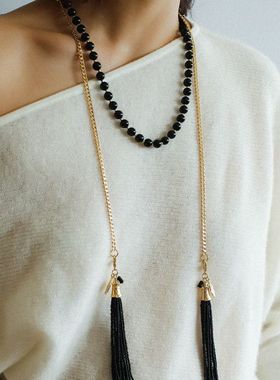 复古天然石串珠流苏超长款项链