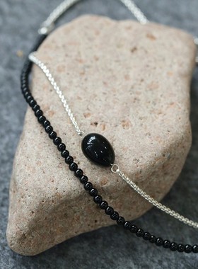 极简黑玛瑙拼接银色链条长款项链