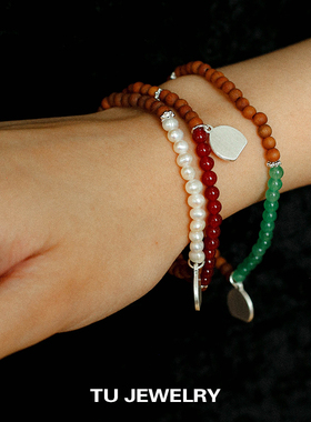 新中式檀香木珠天然珍珠手链手串