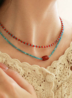 新中式复古红玛瑙天燃石叠戴项链