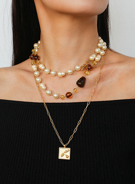 复古vintage珍珠琉璃大象长项链