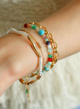 欧美ins彩色天然石手工串珠项链