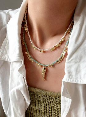 法式复古天然石小鱼方牌吊坠项链