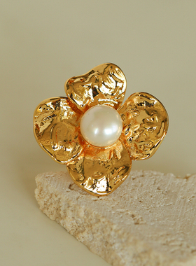 法式复古金色花朵珍珠开口戒指