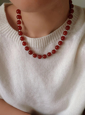 复古红玛瑙黑玛瑙珍珠串珠项链