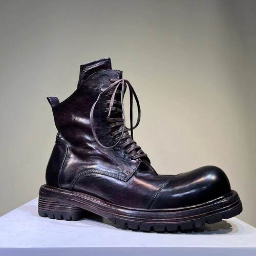 2024秋冬新款复古马皮马丁靴男真皮厚底增高短筒机车靴子高帮皮鞋 - 图2