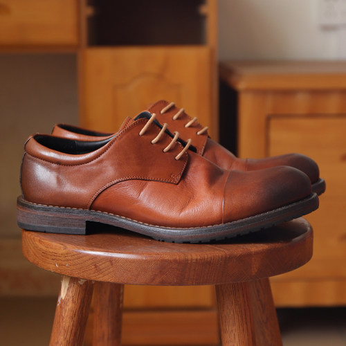 复古水洗马皮三接头商务休闲皮鞋男士圆头真皮底通勤德比鞋固特异 - 图3