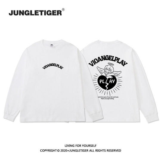 丛林老虎美式天使印花长袖t恤男嘻哈高街纯棉宽松白色打底衫上衣