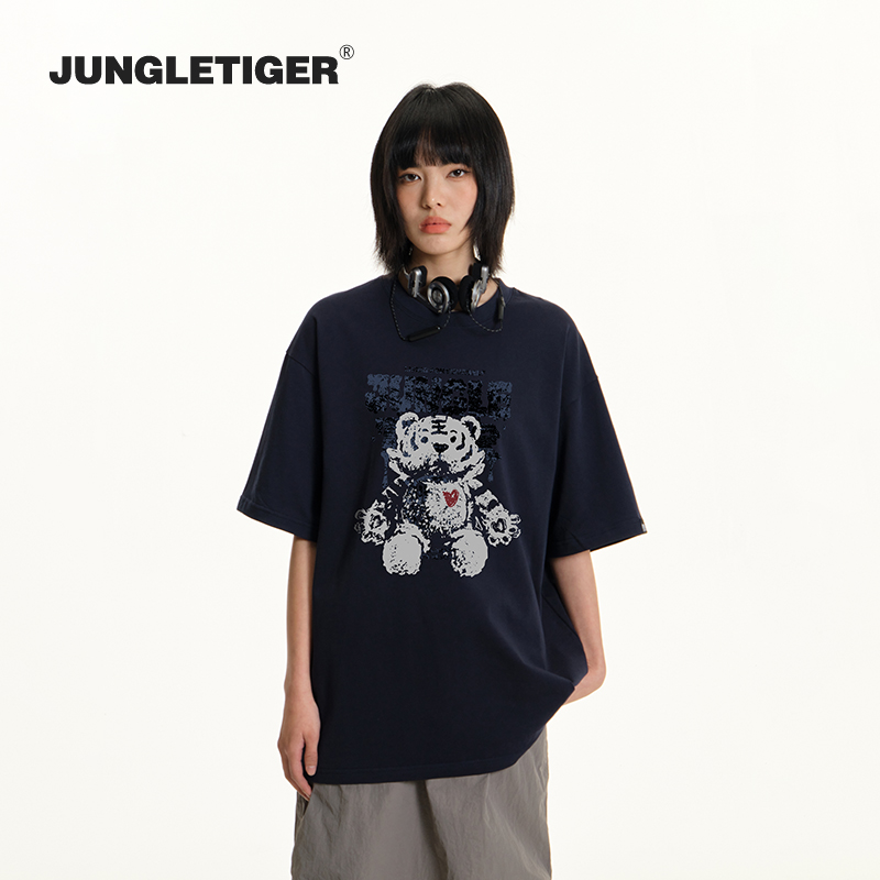 JUNGLETIGER涂鸦老虎纯棉短袖男嘻哈潮牌青少年宽松重磅T恤上衣 - 图1