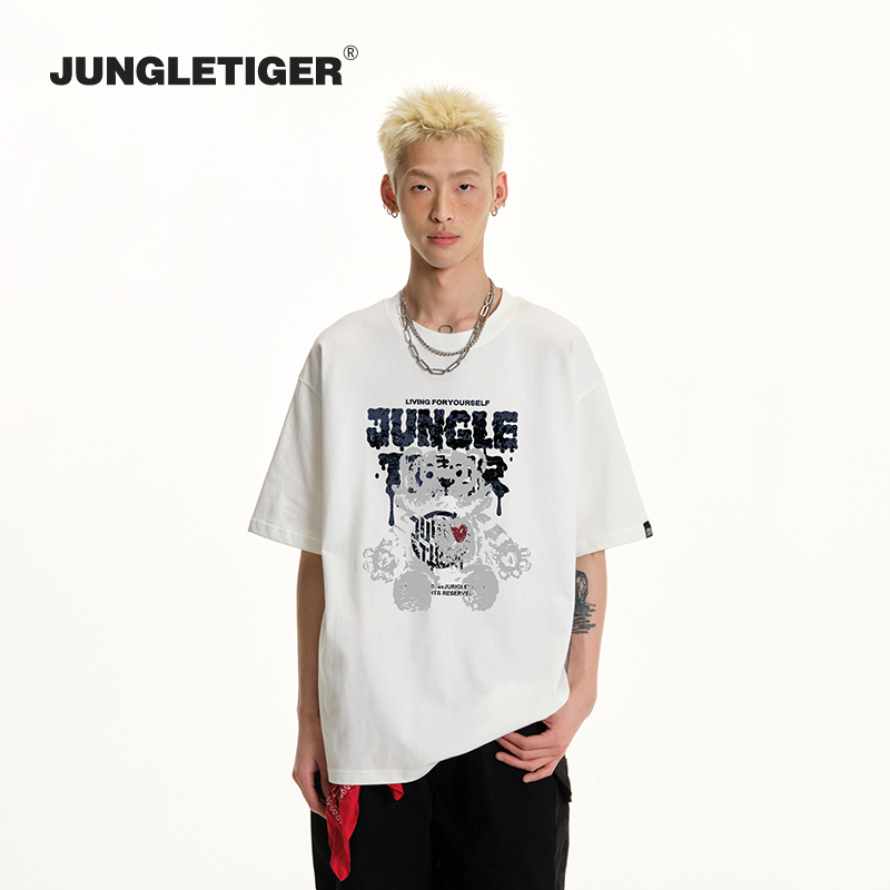 JUNGLETIGER涂鸦老虎纯棉短袖男嘻哈潮牌青少年宽松重磅T恤上衣 - 图2