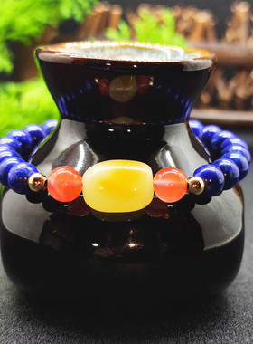 天然阿富汗原矿蜜蜡单圈蓝色水晶