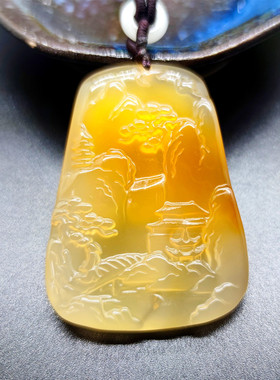 巴西玛瑙玉髓山水牌吊坠俏色男女