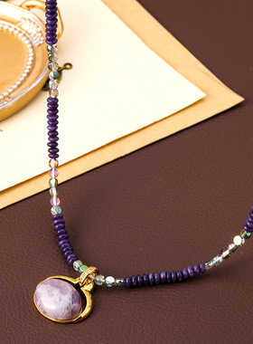 优雅多巴胺天然紫水晶串珠吊坠项链高级感锁骨链时尚配饰新品