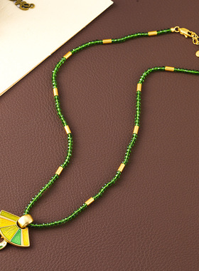 原创新中式复古彩色锆石串珠扇形项链饰品女夏天百搭高级感锁骨