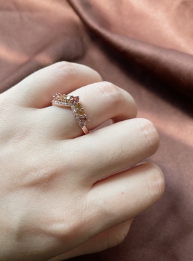 玉925纯银18k天然碧玺戒指彩虹