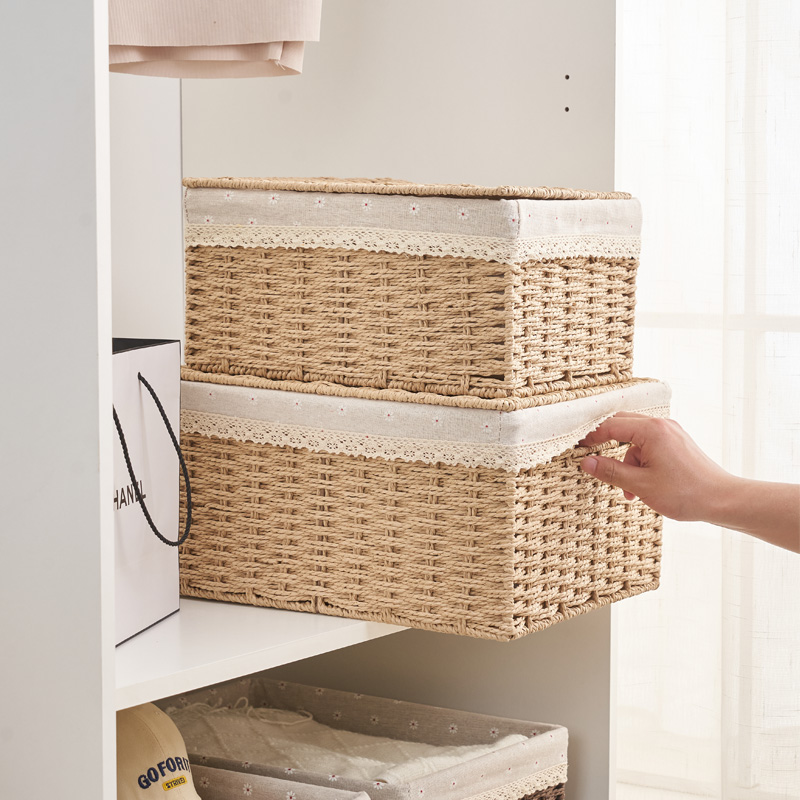 桌面编织收纳筐带盖家用大号仿藤编收纳箱杂物零食玩具草编整理箱 - 图1