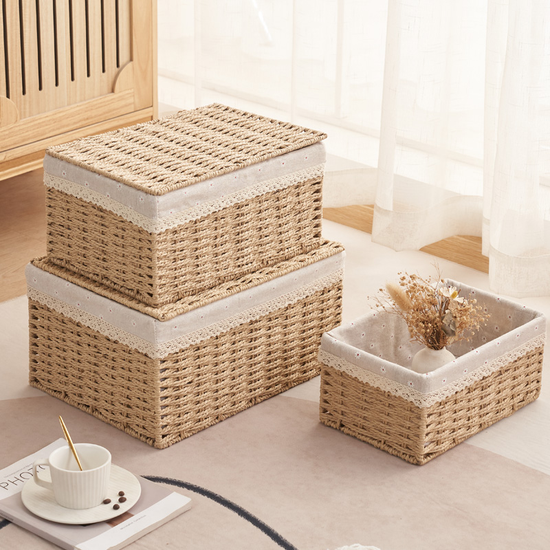 桌面编织收纳筐带盖家用大号仿藤编收纳箱杂物零食玩具草编整理箱 - 图3