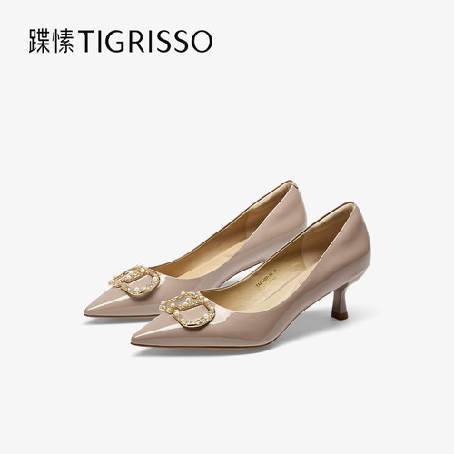 蹀愫2025年新款漆皮羊皮尖头高跟鞋细跟浅口单鞋TA65107-18 - 图1